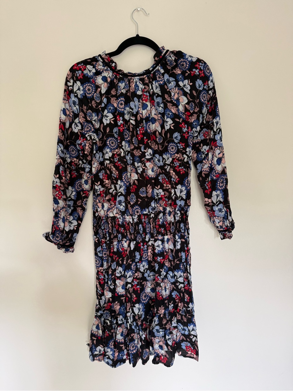 Floral Long-Sleeve Smocked Waist Dress - Black Floral
